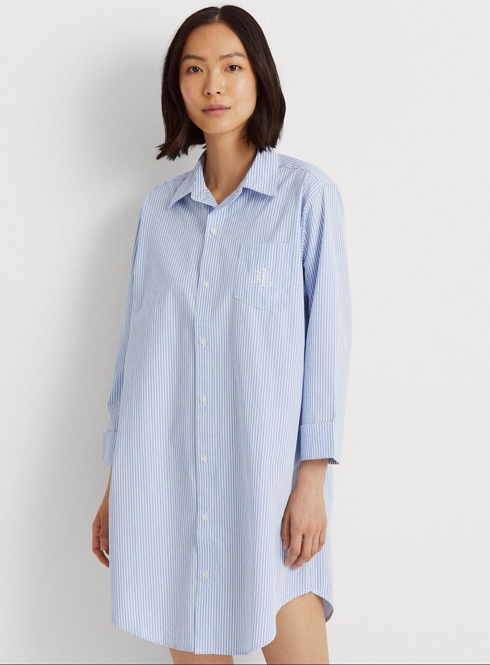 New with tags Lauren Ralph Lauren blue-and-white striped cotton shirtdress in a